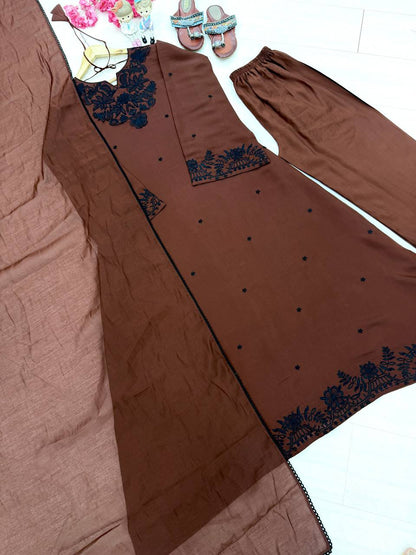 Fancy Brown Color Embroidered Kaftan Palazzo With Dupatta