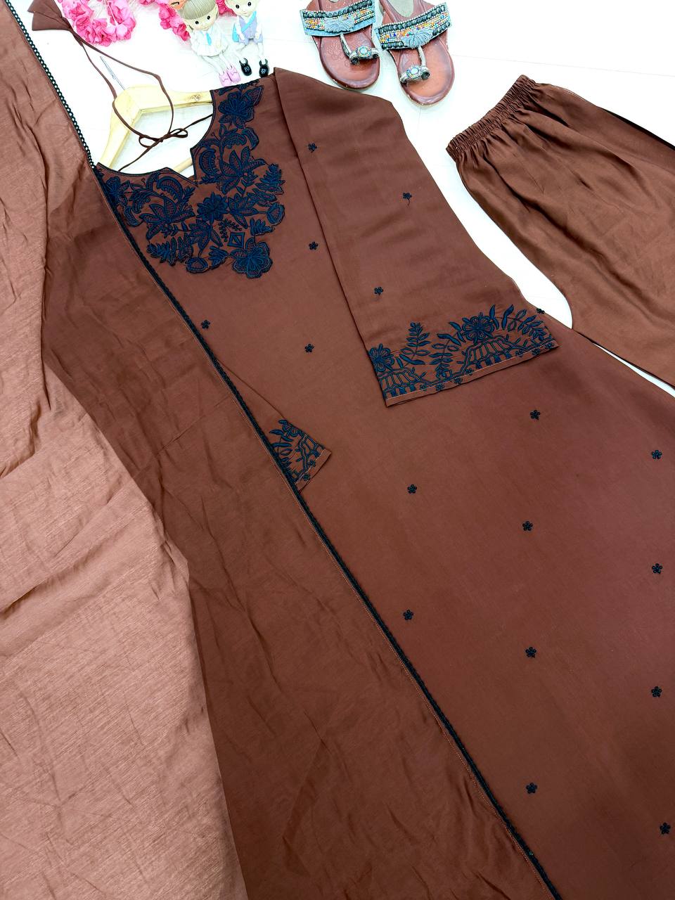Fancy Brown Color Embroidered Kaftan Palazzo With Dupatta