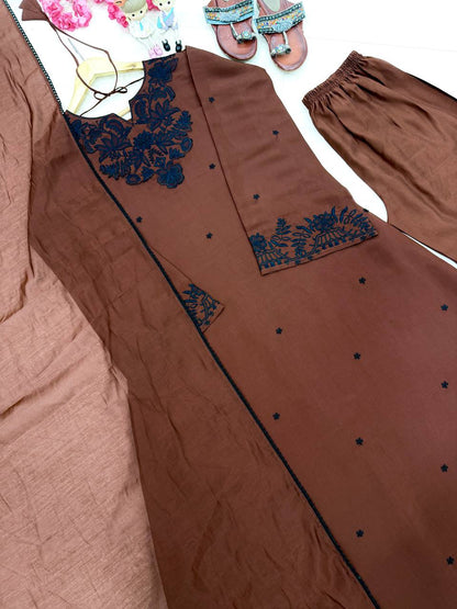 Fancy Brown Color Embroidered Kaftan Palazzo With Dupatta
