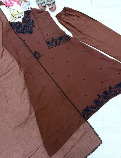 Fancy Brown Color Embroidered Kaftan Palazzo With Dupatta
