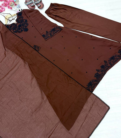 Fancy Brown Color Embroidered Kaftan Palazzo With Dupatta