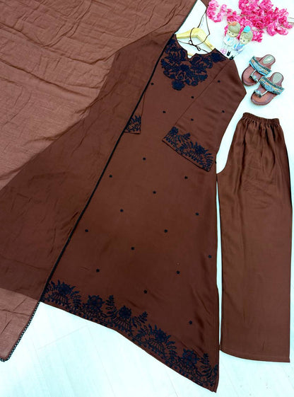 Fancy Brown Color Embroidered Kaftan Palazzo With Dupatta