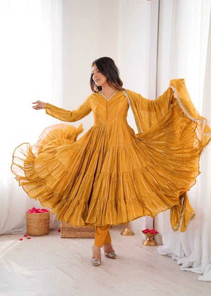 Delightful Yellow Color Mal Chanderi Mirror HandWork Anarkali Suit