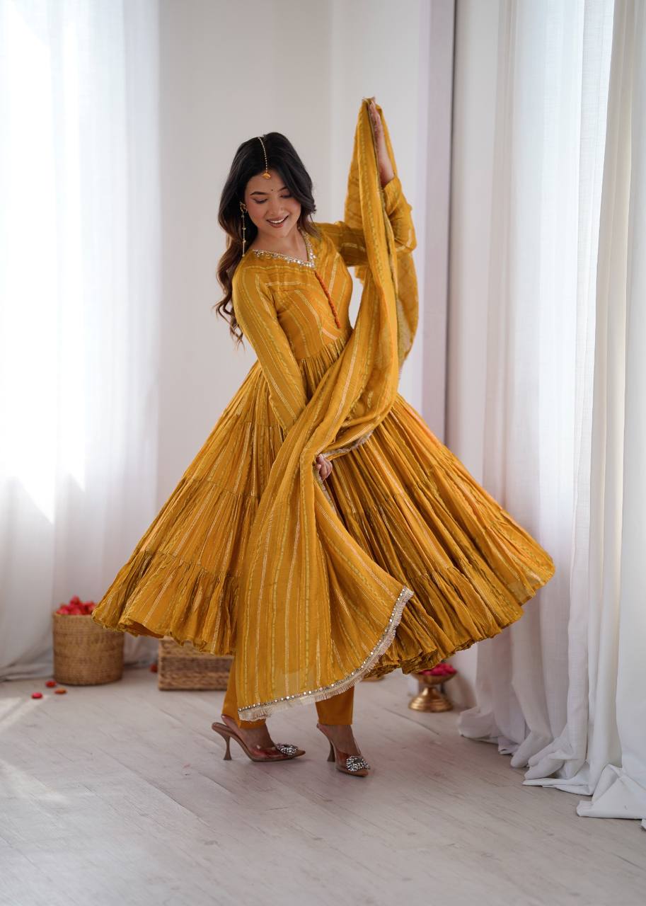 Delightful Yellow Color Mal Chanderi Mirror HandWork Anarkali Suit