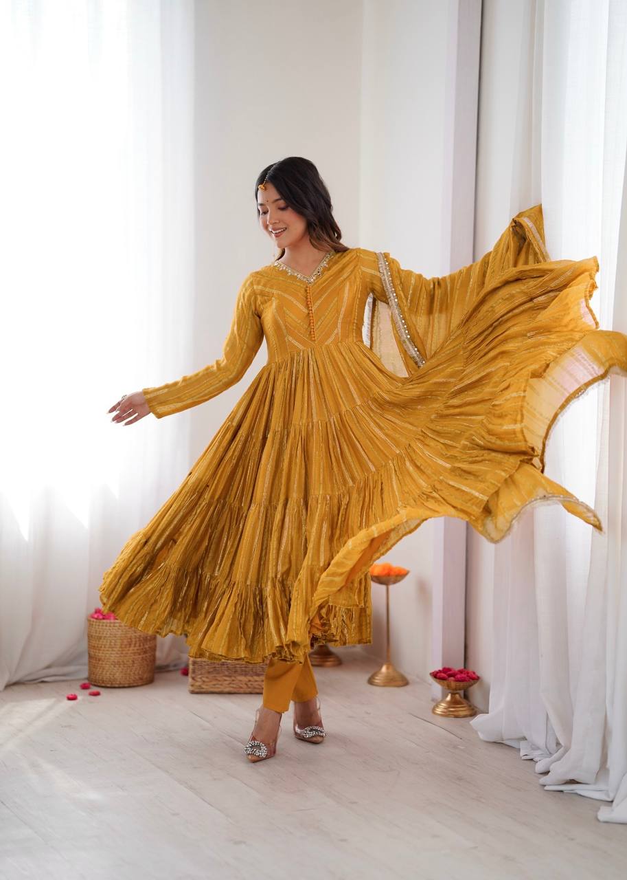 Delightful Yellow Color Mal Chanderi Mirror HandWork Anarkali Suit