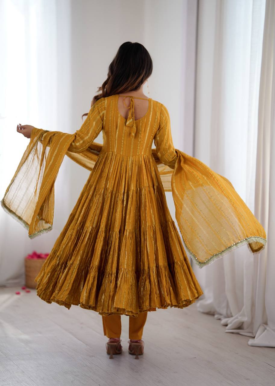 Delightful Yellow Color Mal Chanderi Mirror HandWork Anarkali Suit