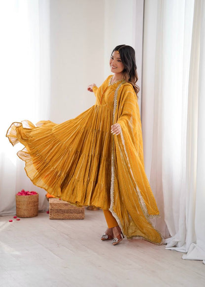 Delightful Yellow Color Mal Chanderi Mirror HandWork Anarkali Suit