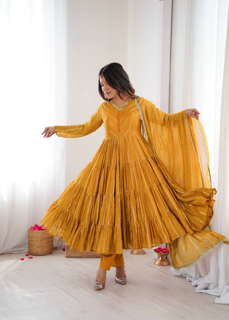 Delightful Yellow Color Mal Chanderi Mirror HandWork Anarkali Suit