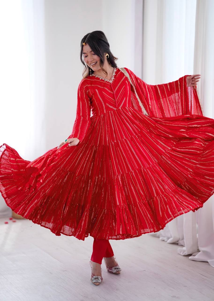 Gorgeous Red Color Mal Chanderi Mirror Work Anarkali Suit