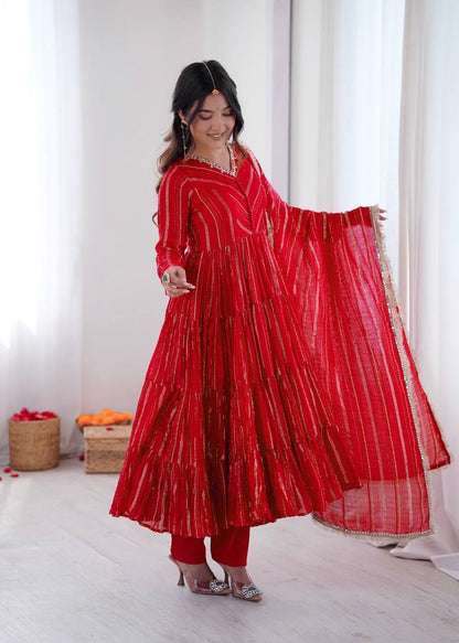 Gorgeous Red Color Mal Chanderi Mirror Work Anarkali Suit