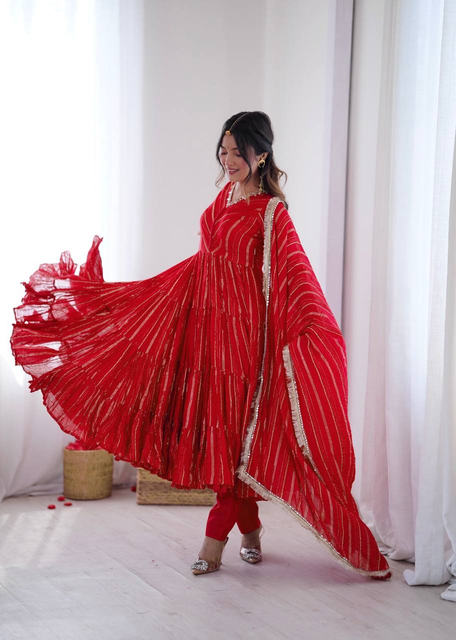 Gorgeous Red Color Mal Chanderi Mirror Work Anarkali Suit