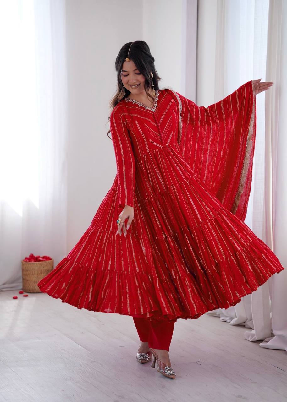 Gorgeous Red Color Mal Chanderi Mirror Work Anarkali Suit
