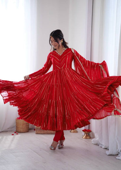 Gorgeous Red Color Mal Chanderi Mirror Work Anarkali Suit