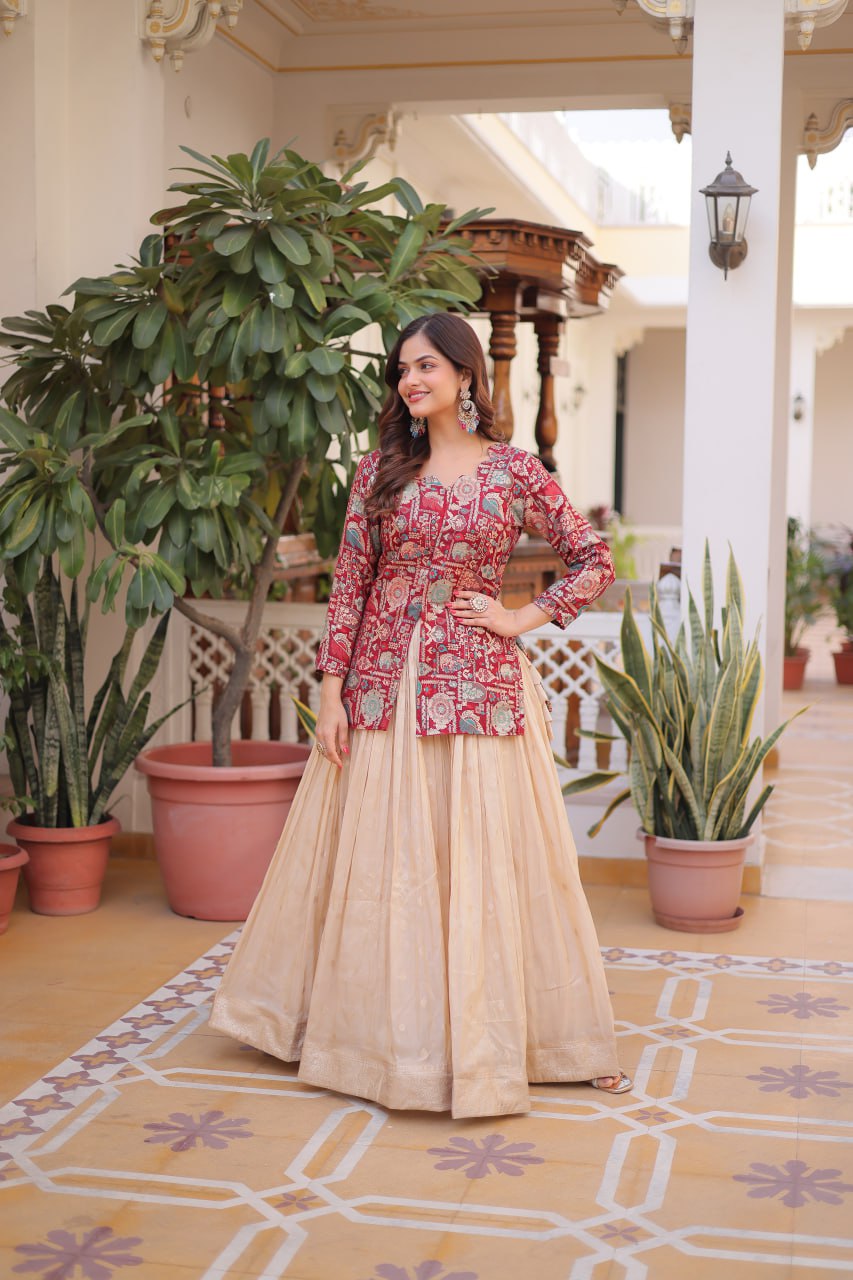 Occasion Wear Maroon Color Jacquard Top With Lehenga Choli Set