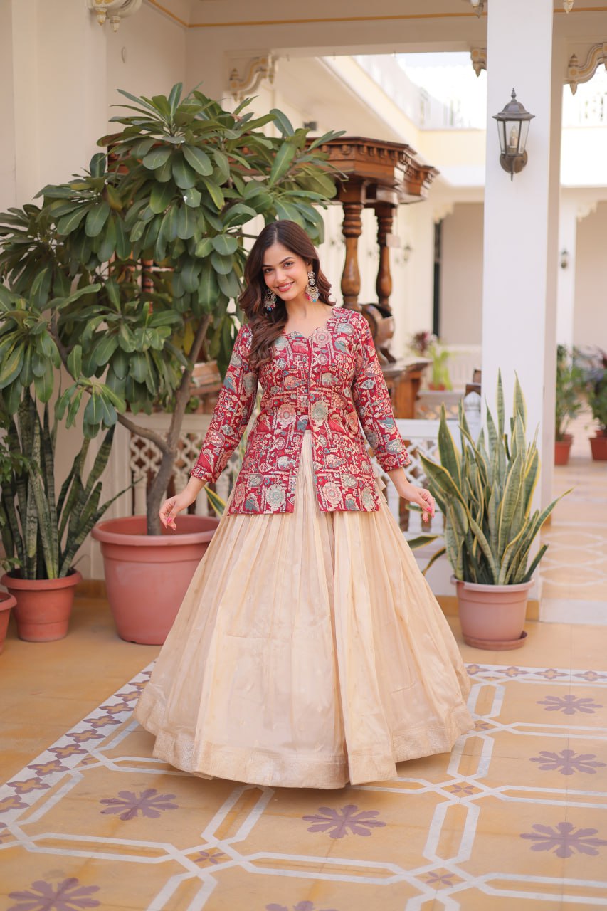 Occasion Wear Maroon Color Jacquard Top With Lehenga Choli Set