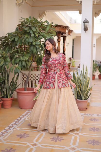 Occasion Wear Maroon Color Jacquard Top With Lehenga Choli Set