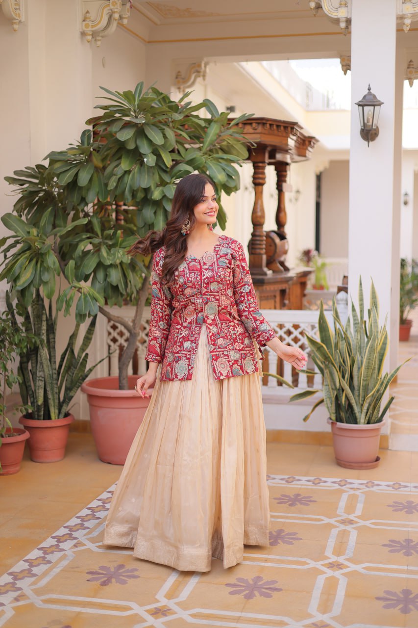 Occasion Wear Maroon Color Jacquard Top With Lehenga Choli Set