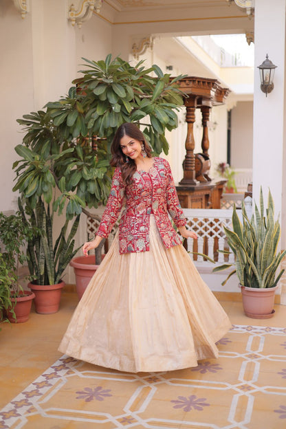 Occasion Wear Maroon Color Jacquard Top With Lehenga Choli Set