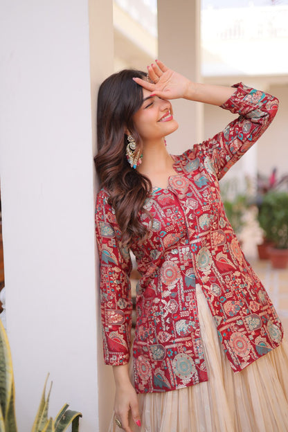Occasion Wear Maroon Color Jacquard Top With Lehenga Choli Set