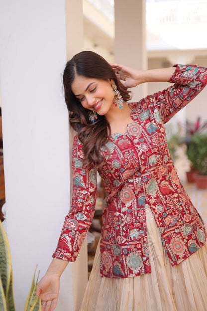 Occasion Wear Maroon Color Jacquard Top With Lehenga Choli Set