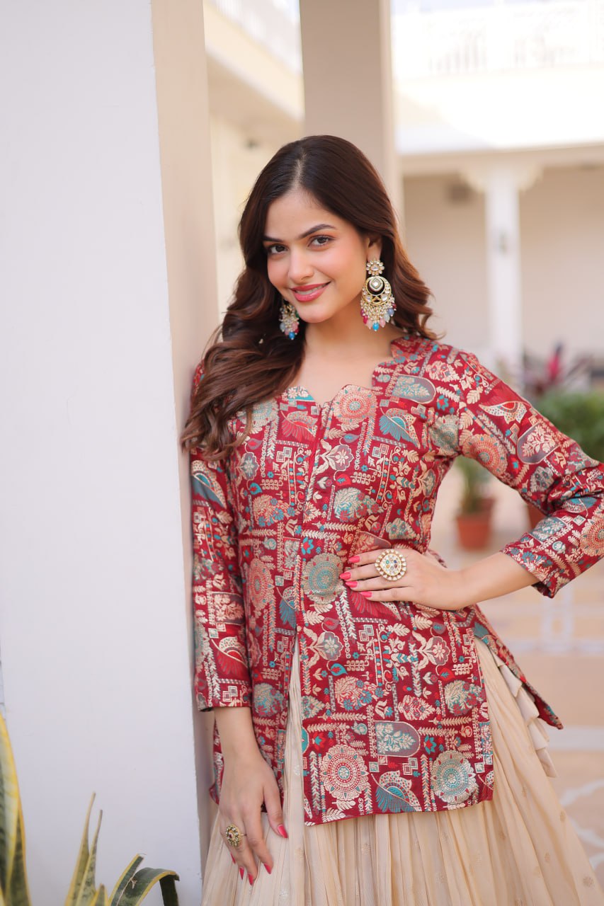 Occasion Wear Maroon Color Jacquard Top With Lehenga Choli Set