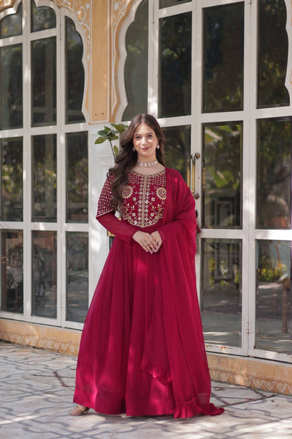 Wedding Wear Dark Pink Color Faux Blooming Georgette With Attractive Embroidered Work Designer Gown