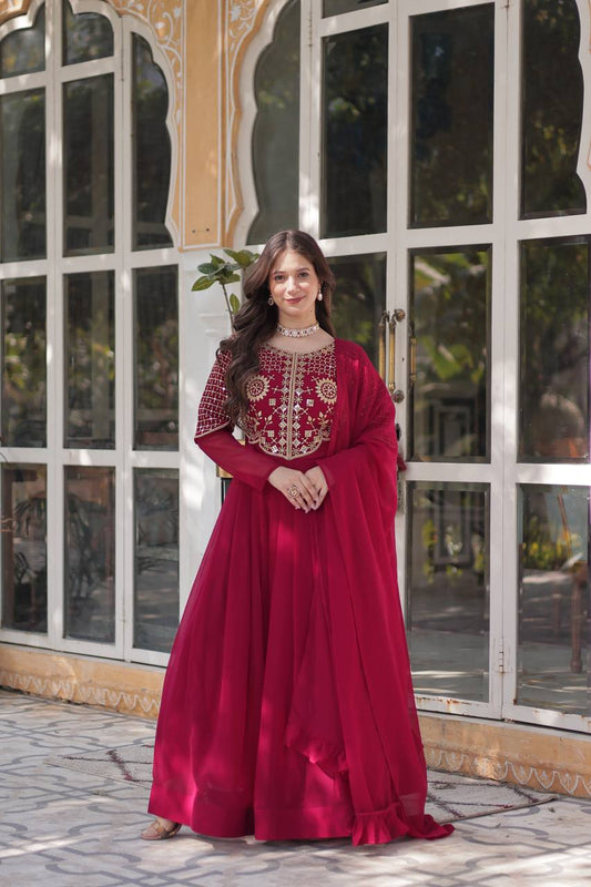 Wedding Wear Dark Pink Color Faux Blooming Georgette With Attractive Embroidered Work Designer Gown