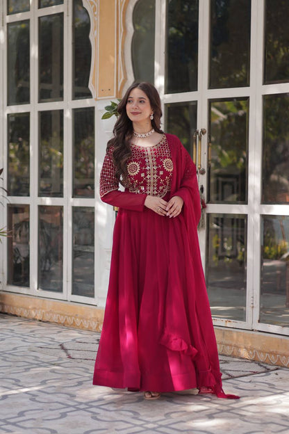 Wedding Wear Dark Pink Color Faux Blooming Georgette With Attractive Embroidered Work Designer Gown