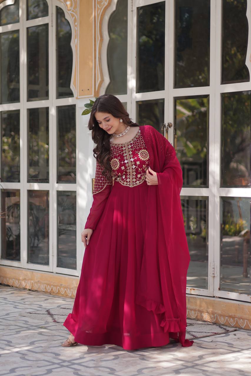 Wedding Wear Dark Pink Color Faux Blooming Georgette With Attractive Embroidered Work Designer Gown