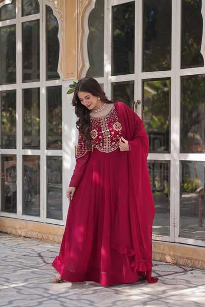 Wedding Wear Dark Pink Color Faux Blooming Georgette With Attractive Embroidered Work Designer Gown