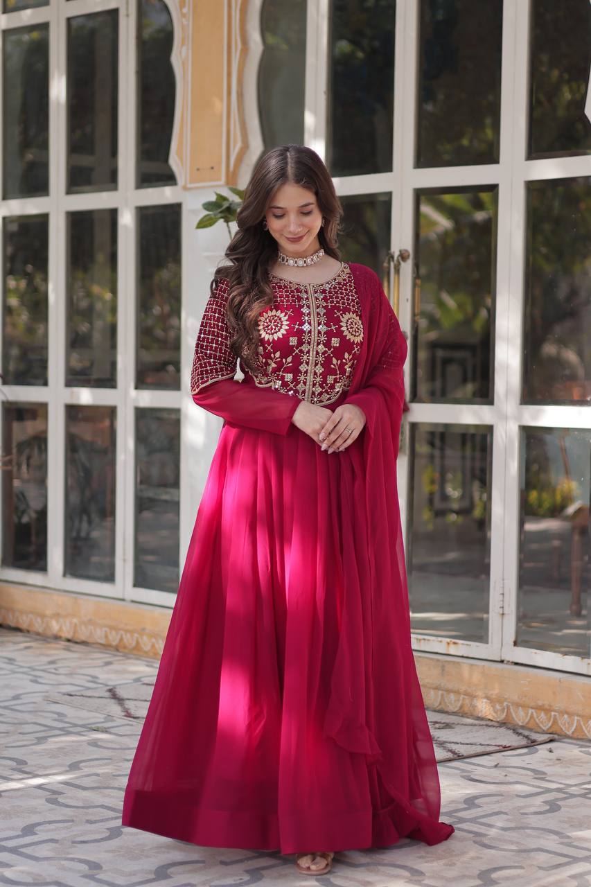Wedding Wear Dark Pink Color Faux Blooming Georgette With Attractive Embroidered Work Designer Gown