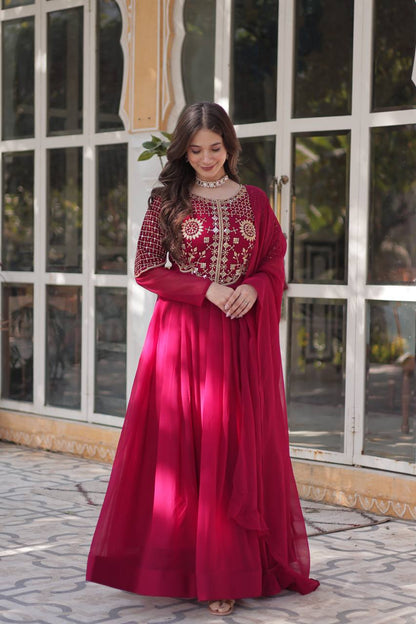 Wedding Wear Dark Pink Color Faux Blooming Georgette With Attractive Embroidered Work Designer Gown