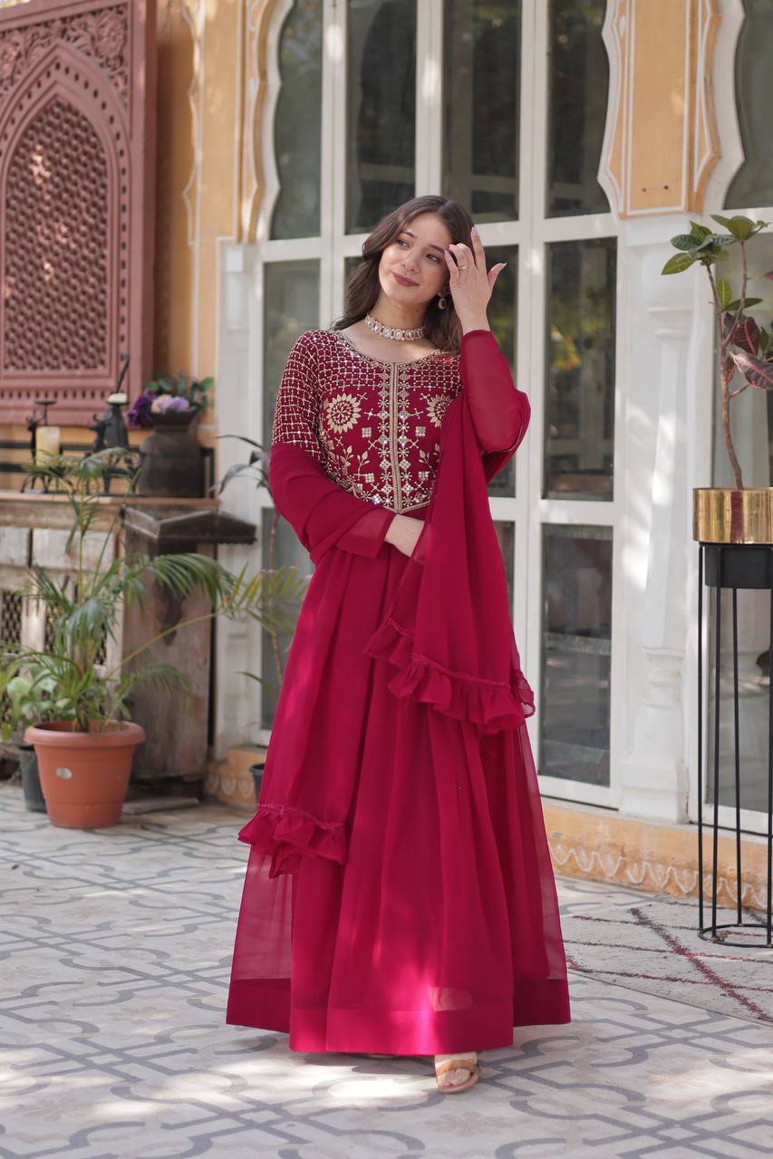 Wedding Wear Dark Pink Color Faux Blooming Georgette With Attractive Embroidered Work Designer Gown