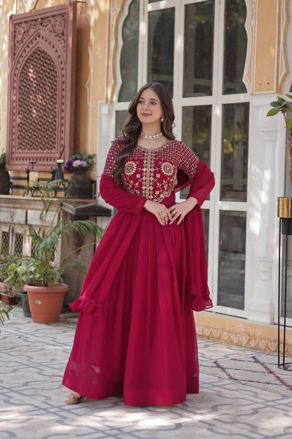 Wedding Wear Dark Pink Color Faux Blooming Georgette With Attractive Embroidered Work Designer Gown