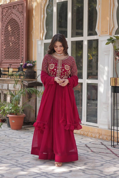 Wedding Wear Dark Pink Color Faux Blooming Georgette With Attractive Embroidered Work Designer Gown