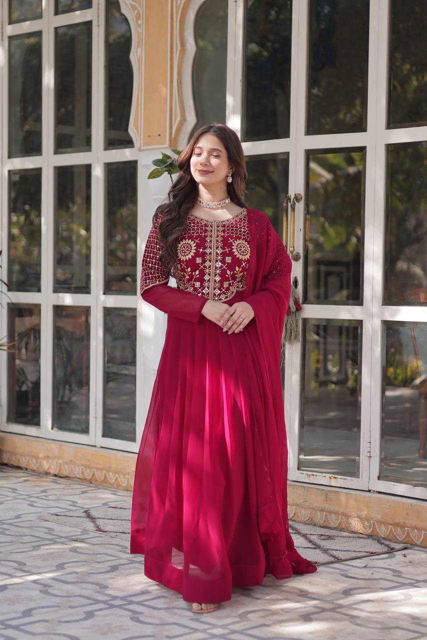 Wedding Wear Dark Pink Color Faux Blooming Georgette With Attractive Embroidered Work Designer Gown