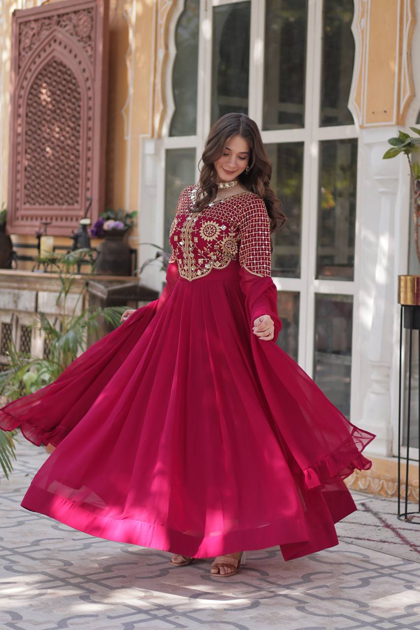 Wedding Wear Dark Pink Color Faux Blooming Georgette With Attractive Embroidered Work Designer Gown