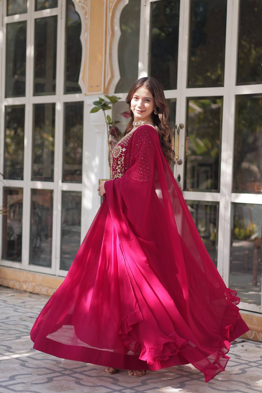 Wedding Wear Dark Pink Color Faux Blooming Georgette With Attractive Embroidered Work Designer Gown