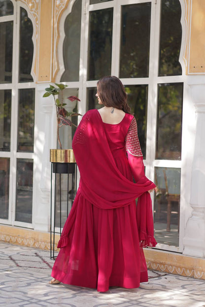 Wedding Wear Dark Pink Color Faux Blooming Georgette With Attractive Embroidered Work Designer Gown