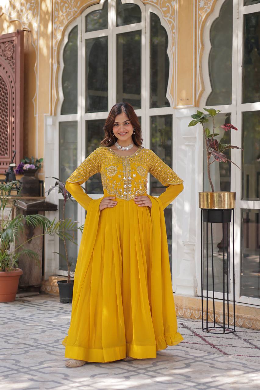 Wedding Wear Yellow Color Faux Blooming Georgette With Attractive Embroidered Work Designer Gown
