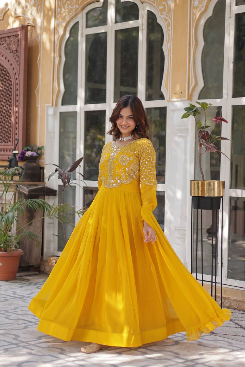 Wedding Wear Yellow Color Faux Blooming Georgette With Attractive Embroidered Work Designer Gown
