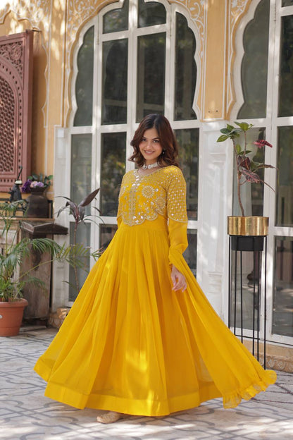Wedding Wear Yellow Color Faux Blooming Georgette With Attractive Embroidered Work Designer Gown