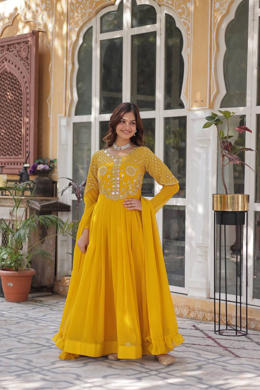 Wedding Wear Yellow Color Faux Blooming Georgette With Attractive Embroidered Work Designer Gown