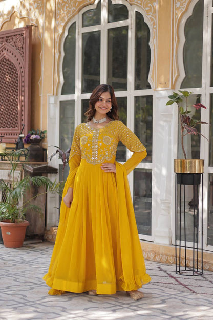 Wedding Wear Yellow Color Faux Blooming Georgette With Attractive Embroidered Work Designer Gown