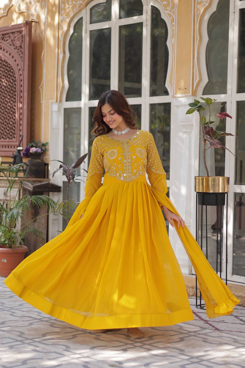 Wedding Wear Yellow Color Faux Blooming Georgette With Attractive Embroidered Work Designer Gown
