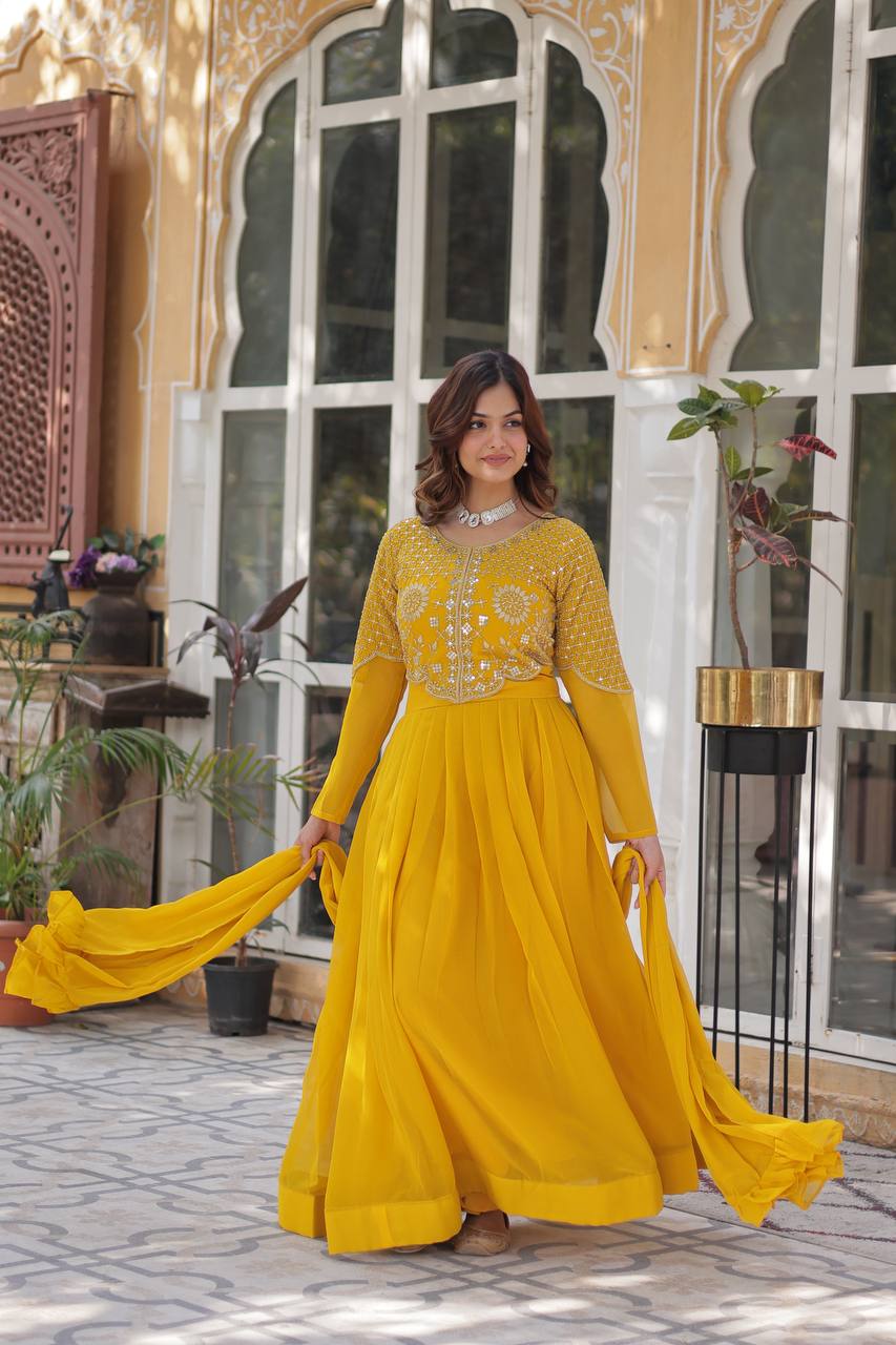 Wedding Wear Yellow Color Faux Blooming Georgette With Attractive Embroidered Work Designer Gown