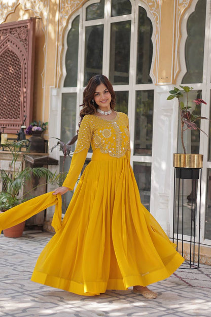 Wedding Wear Yellow Color Faux Blooming Georgette With Attractive Embroidered Work Designer Gown