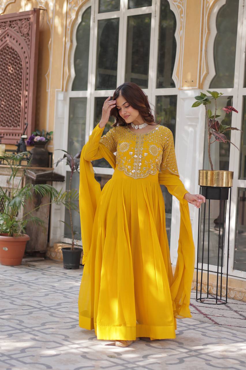 Wedding Wear Yellow Color Faux Blooming Georgette With Attractive Embroidered Work Designer Gown