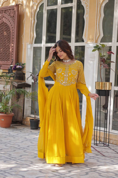 Wedding Wear Yellow Color Faux Blooming Georgette With Attractive Embroidered Work Designer Gown