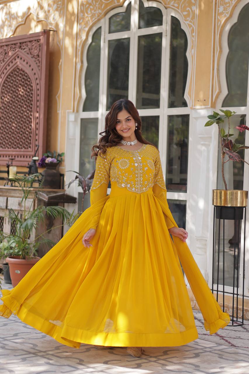 Wedding Wear Yellow Color Faux Blooming Georgette With Attractive Embroidered Work Designer Gown